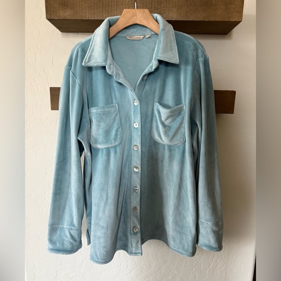 Soft Surroundings|Soft teddy button down shirt jacket (shacket) in blue•••Size L - Picture 1 of 15